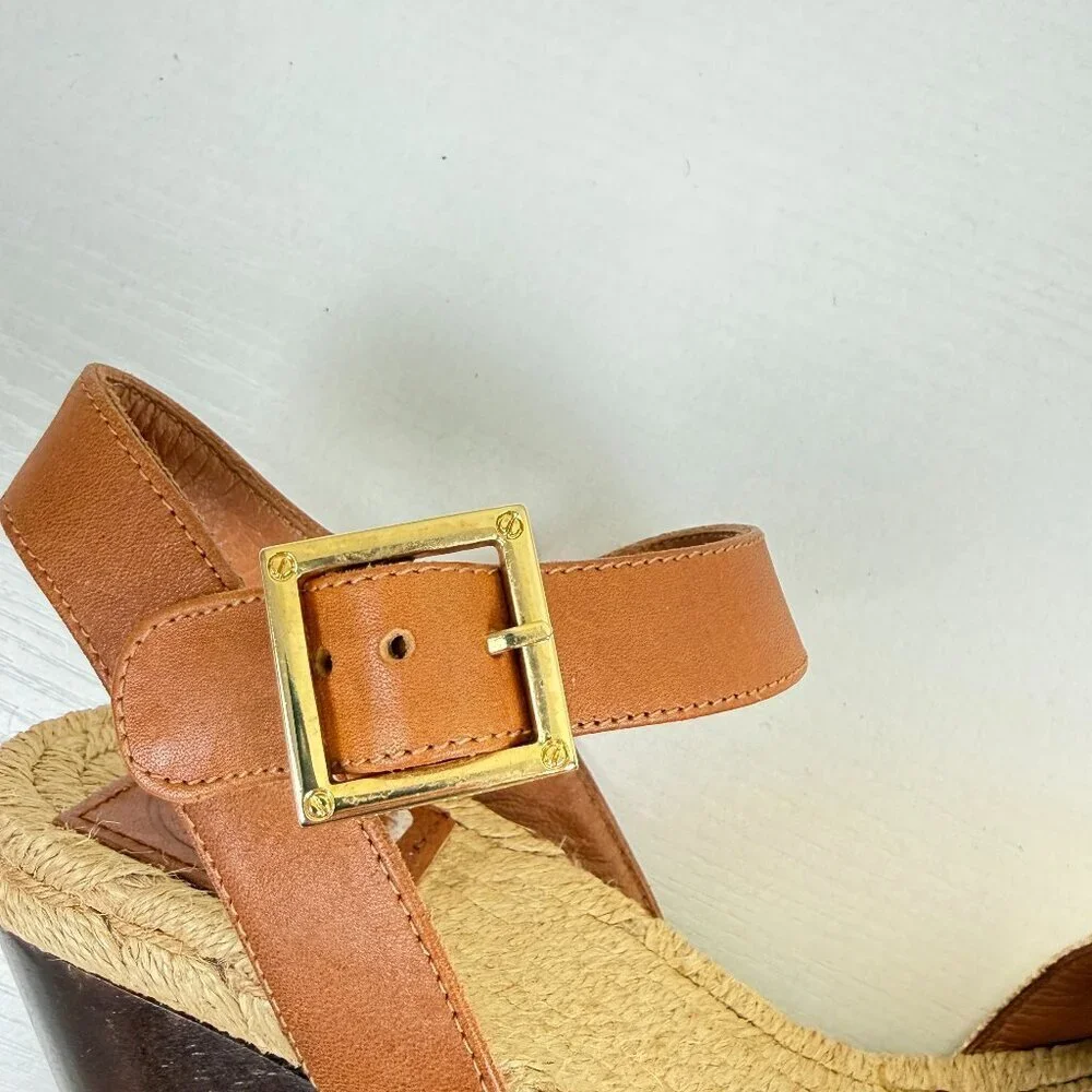 Tory Burch Espadrille Wedge Sandals White Canvas Toe Brown Leather Ankle Strap
